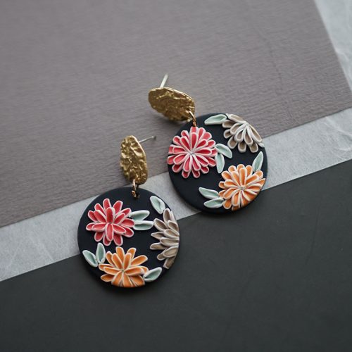 Handmade Art Floral Pattern Dark Solid Clay Earrings